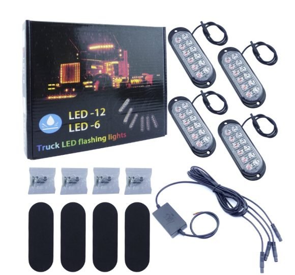 Luz Estrobo Kit Por 4 12 LED A 12 -24 Volt En Colores.